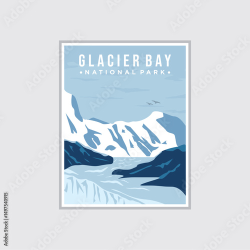 ..Glacier Bay National Park landscape travel to United States. Vector background illustration suitable for travel poster prints, postcards, greeting cards, greeting cards, banners.