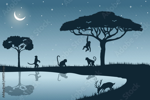Serene Wildlife Scene at Night Featuring Silhouetted Monkeys Playing and a Deer Drinking Water Beside a Quiet River Under a Crescent Moon and Starry Sky