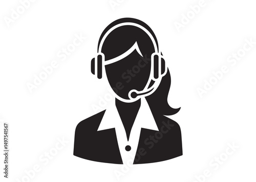 Call center woman Icon, Call center woman Silhouette Black Vector White Background