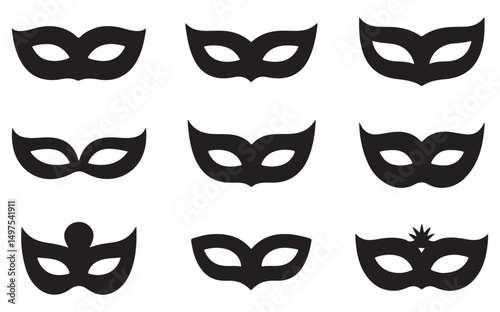 A collection of decorative masquerade masks, designed with intricate patterns and sharp edges, drawn in black-and-white for use in event themes, party decorations, or artistic projects.