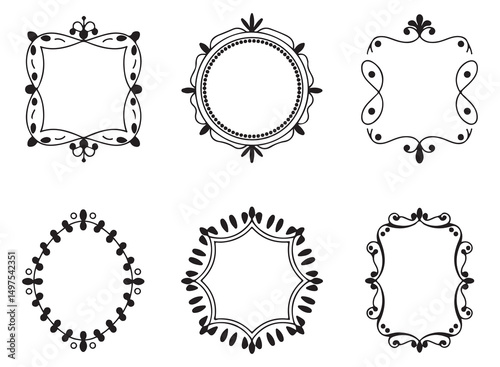  A collection of elegant decorative frames in various shapes and designs, drawn in black-and-white style, perfect for adding a vintage or artistic touch to digital or print projects.