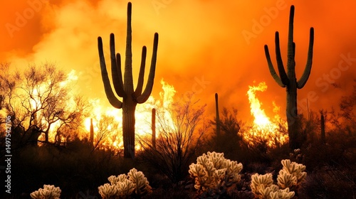 Fiery Sunset Desert Saguaro Cactus Wildfire