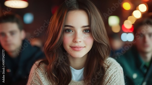Young woman smiling warmly in a cozy café setting