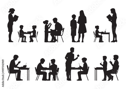  A series of silhouette illustrations showing children and teachers engaged in various educational activities like reading, writing, and classroom interaction, designed in black-and-white style.