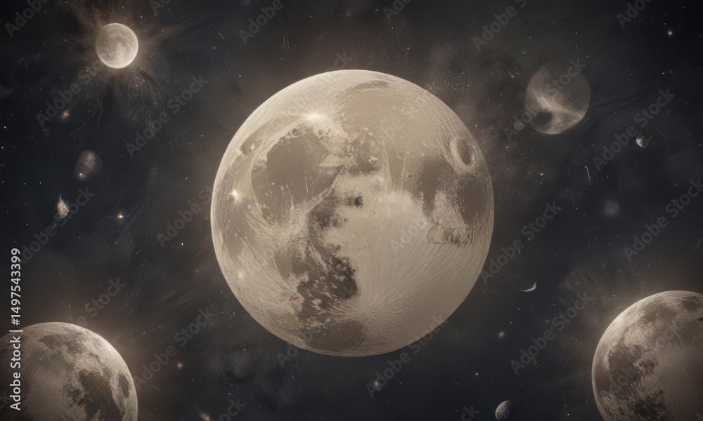 Fototapeta premium Aged paper texture, celestial bodies, moon phases, scattered stars, cosmic dust , design element, celestial, graphic design