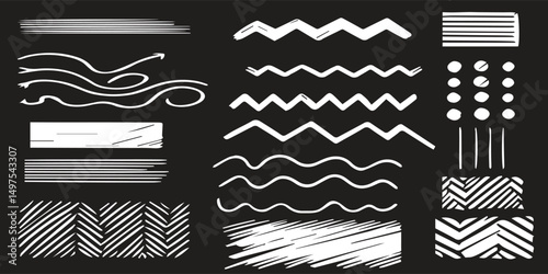 crayon line collection - straight strokes, dotted rows, wavy patterns, zigzag marks with grunge textured surface. Hand drawn underline elements for design emphasis or decorative borders