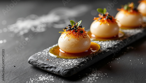 Delicate dessert spheres topped with saffron and caviar are elegantly presented on a slate platter, enhancing the dining experience