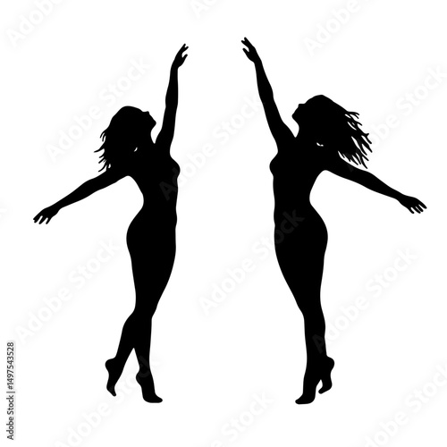 Silhouettes of dancing figures. Beautiful and attractive images of girls in motion