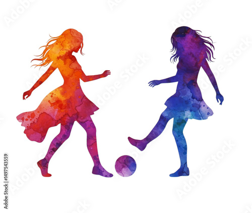 Colorful silhouettes of player girls. Abstract and vibrant images of girls players in motion