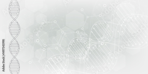 Gray scientific background with DNA line and hexagon cells. modern design