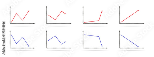 Set of 8 vector line charts showing various trends: rising, falling, and fluctuating graphs in red and blue, isolated on white background.