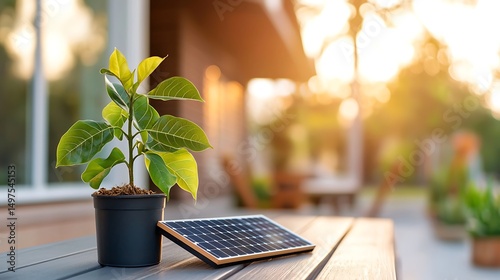 Potted plant beside solar panel in a sunlit garden