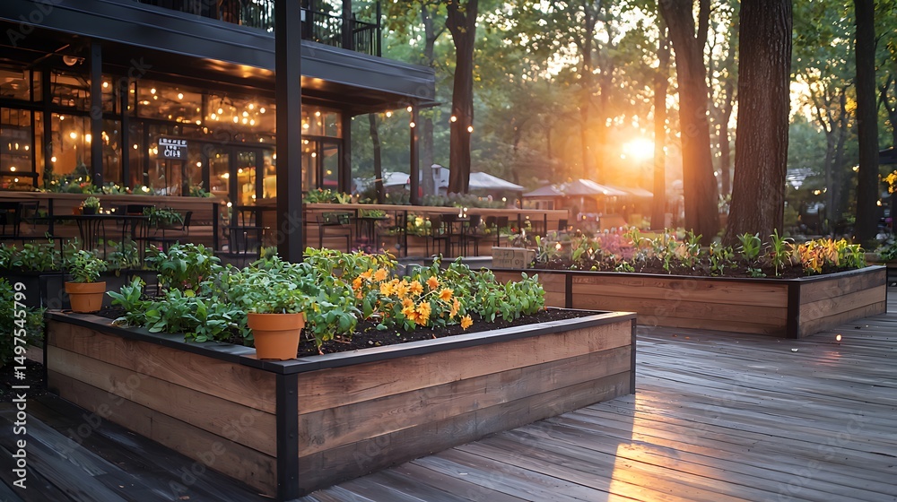 Fototapeta premium Serene garden planters at sunset in a cozy outdoor café