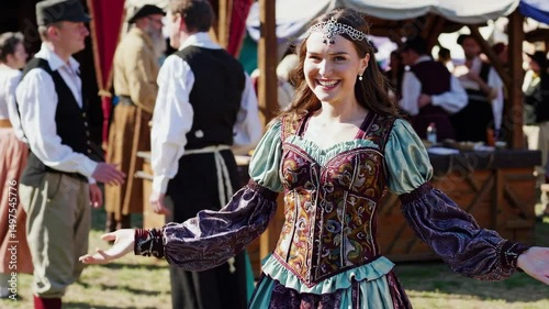 Joyful medieval festival scene with smiling performer in vibrant costume