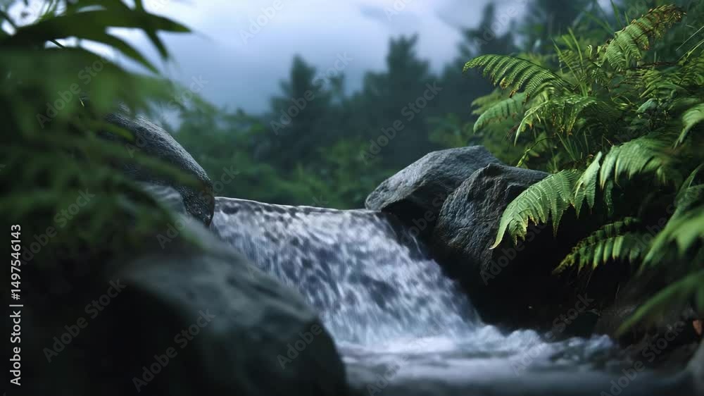 Misty forest waterfall with rocks, green fern, and stream creating calm water atmosphere Misty forest waterfall with rocks, green fern, and stream creating calm water atmosphere