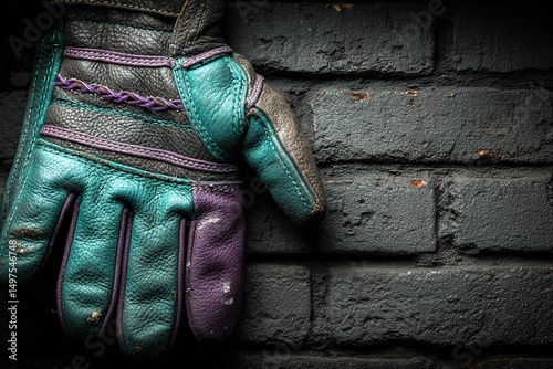 Old work glove resting against a textured black brick wall in an industrial setting during daylight