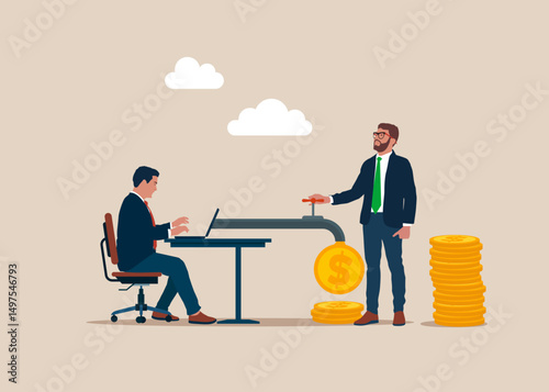 Businessman, Boss with software engineer and laptop with money. Financial investments. Dollar coins out of the tap laptop. Bribe, salary. Flat vector illustration 