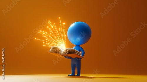 Blissful Blue Character Illuminating Book of on Radiant Orange Background