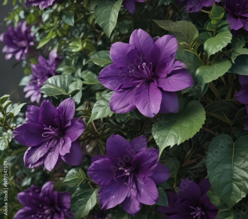 Intense purple petals, lush green leaves, close-up botanical detail ,  natural,  blossom,  garden