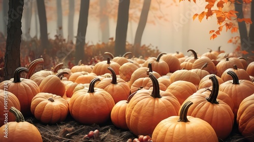 Autumnal Harvest A Bountiful Gathering of Pumpkins in a Misty Forest