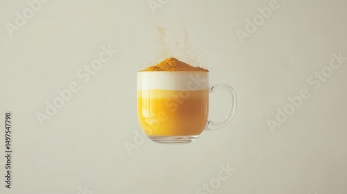 Turmeric golden milk latte suspended above handwoven linen, isolated on white background, ultrabright, 