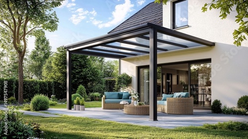 A cozy pergola with an open design next to a lovely home.