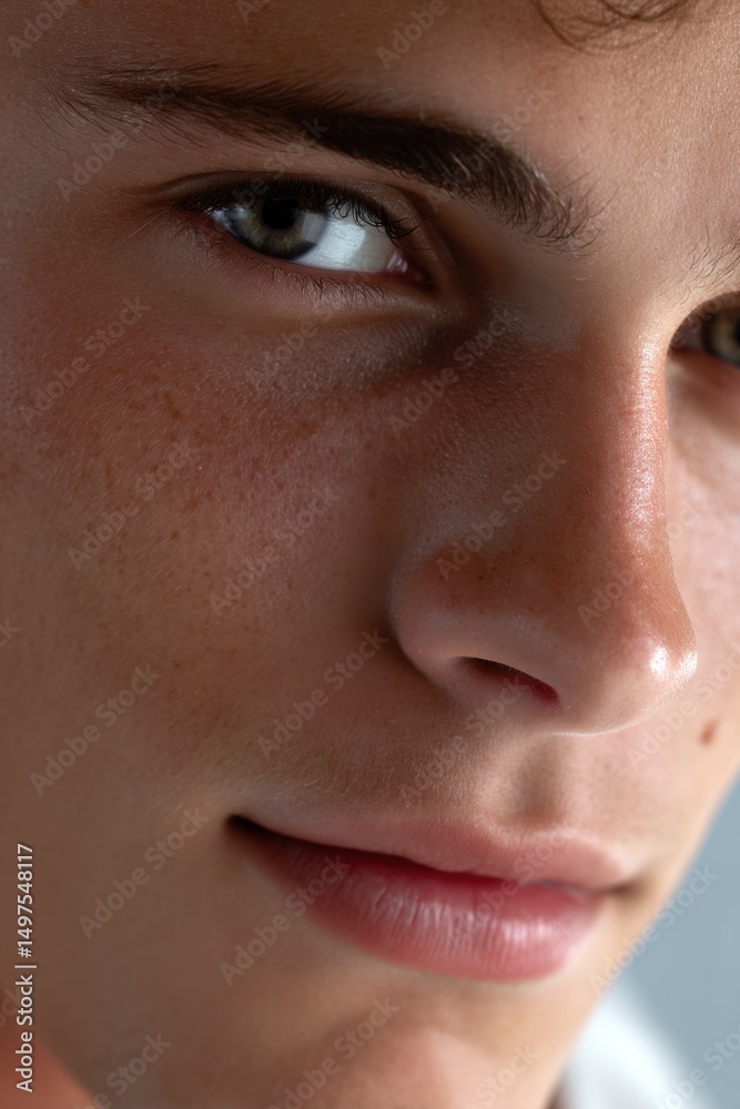 Naklejka premium close-up male face, soft focus, neutral background, slightly turned head