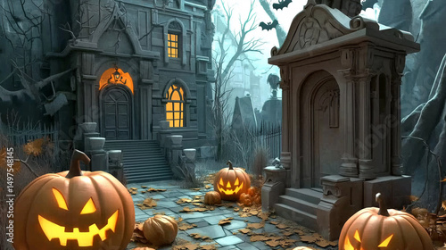A haunted house with jack-o-lanterns in a spooky forest
