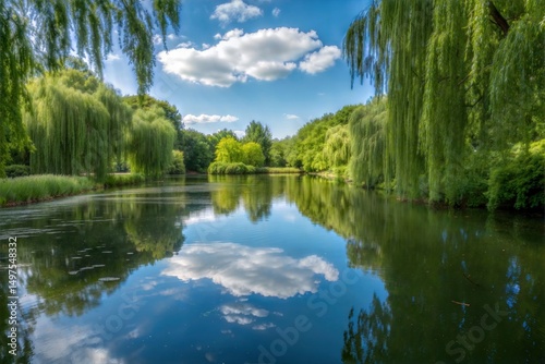Scenic view of lake with willow trees and sky reflection isolated on white background
