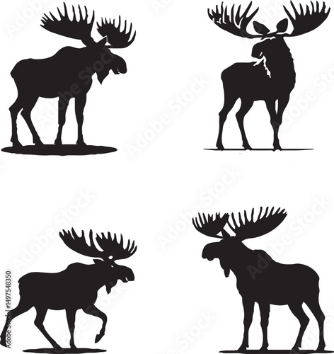 Black and White Moose Silhouettes in Various Poses