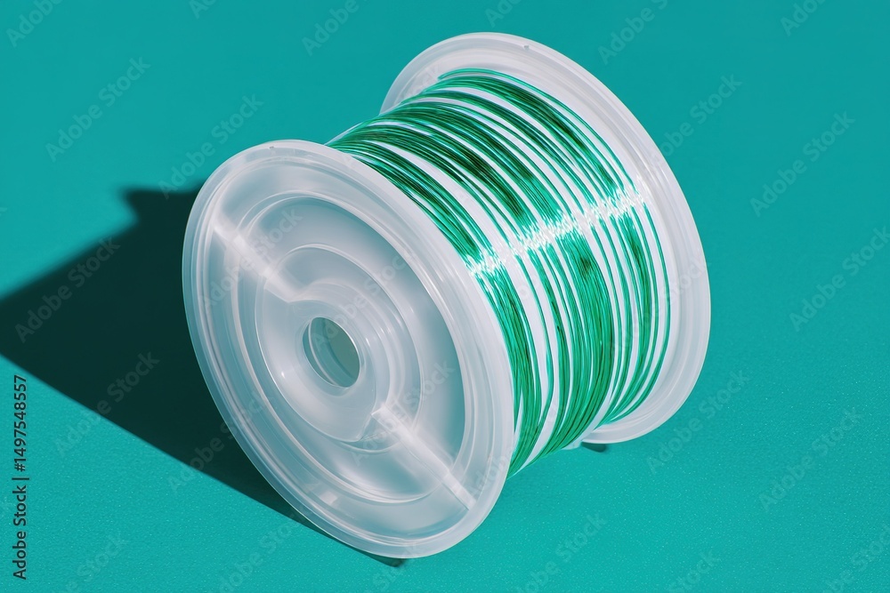 Bright green spool of fishing line on a turquoise surface under natural light Bright green spool of fishing line on a turquoise surface under natural light