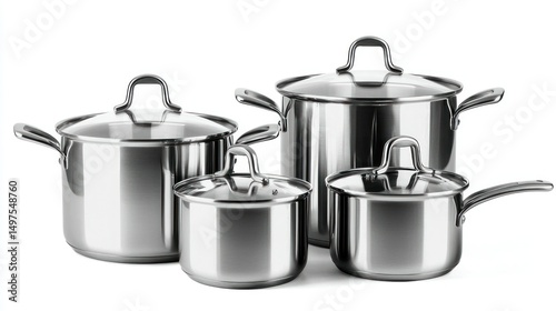Stainless steel pots and pans isolated on white background