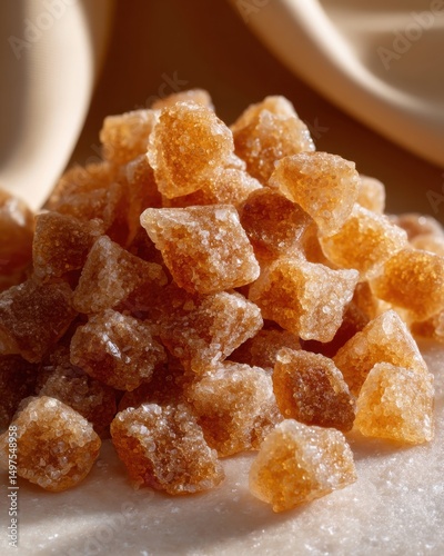 Close-up of lumpy brown sugar crystals on parchment paper photo