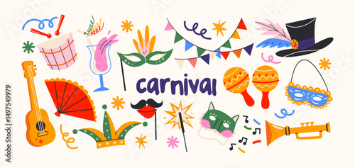 Carnival party elements in retro cartoon style. Celebration props: masks, instruments, drinks, decorations. Illustration in funky, doodle style, trendy sticker set