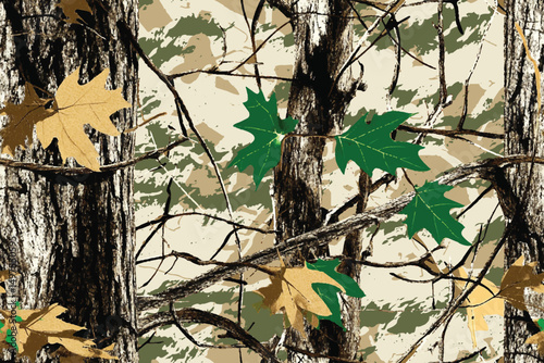 Tree seamless pattern. Camouflage background. Hunting camouflage pattern. Digital camouflage. Real tree. Forest background. Jungle texture. Abstract. Leaves, stems pattern. 