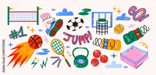 Sport stickers set in retro cartoon style. Training and activity elements: basketball, dumbbell, tennis racket, sneakers. Illustration in funky, doodle style, trendy shapes set