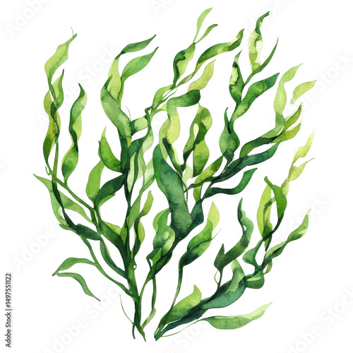 Watercolor green seaweed on transparent background
