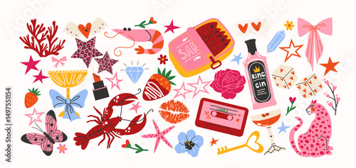 Retro cartoon cute stickers in 90s style. Romantic and trendy elements: shells, cocktails, lipstick, lobster, butterflies. Illustration in funky, doodle style, trendy shapes set