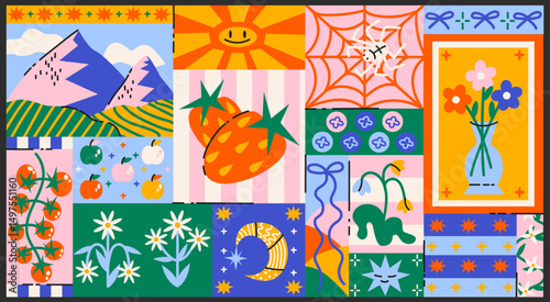 Bright pattern in retro cartoon style. Mountains, leaves, tropical plants vibrant nature inspired design in trendy retro doodle style.