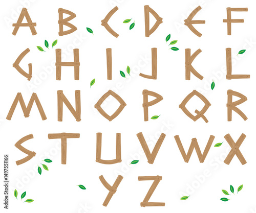 Alphabet for schoolchildren and children drawn in cartoon style from boards with a wooden structure.