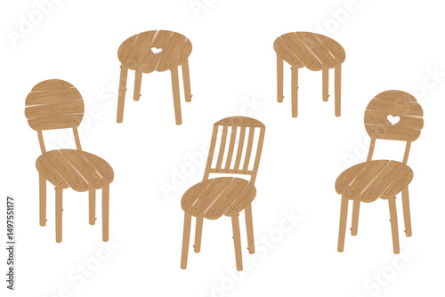 Set of wooden chairs and stools in different shapes. Vector illustration drawn in cartoon style, decorated with wooden structure, knots and nails.