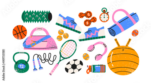 Sport stickers set in retro cartoon style. Training and activity elements: basketball, dumbbell, tennis racket, sneakers. Illustration in funky, doodle style, trendy shapes set