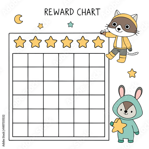 Cute reward chart with stars and cartoon animals for kids behavior tracking and daily task motivation

