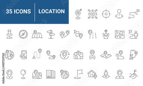Location Web Icon Set in Line Style. Collection of Map Pin Linear Icons, Including Address, place, location, directions, navigation, map, distance, map marker and More. Editable Stroke.