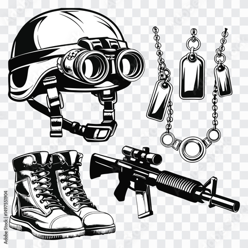 Army Gear Icon PNG | Military Gun, Helmet, Boots | Tactical Combat Equipment Set