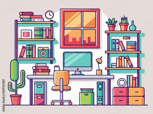 Modern minimalist home office interior with vibrant furnishings, bookshelf, red chair, and decor