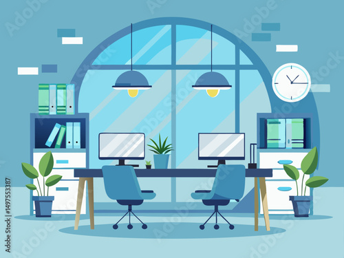 Minimalist office workspace with two computer desks, potted plants, and light blue background