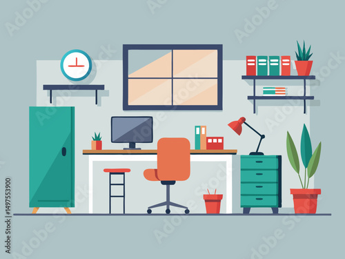 Flat design minimalist office interior with red chair, desk, pendant lights, and accessories