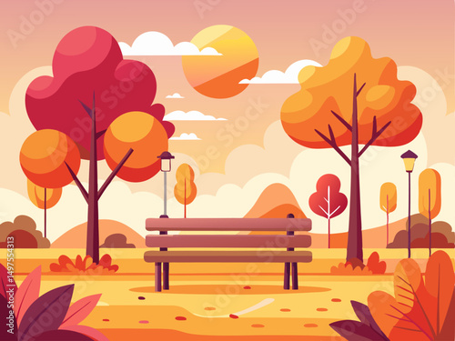 Flat autumn park illustration with empty bench and vibrant orange-red foliage in minimalist setting