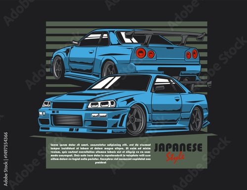 Japanese 90s car in two view illustration vector graphic